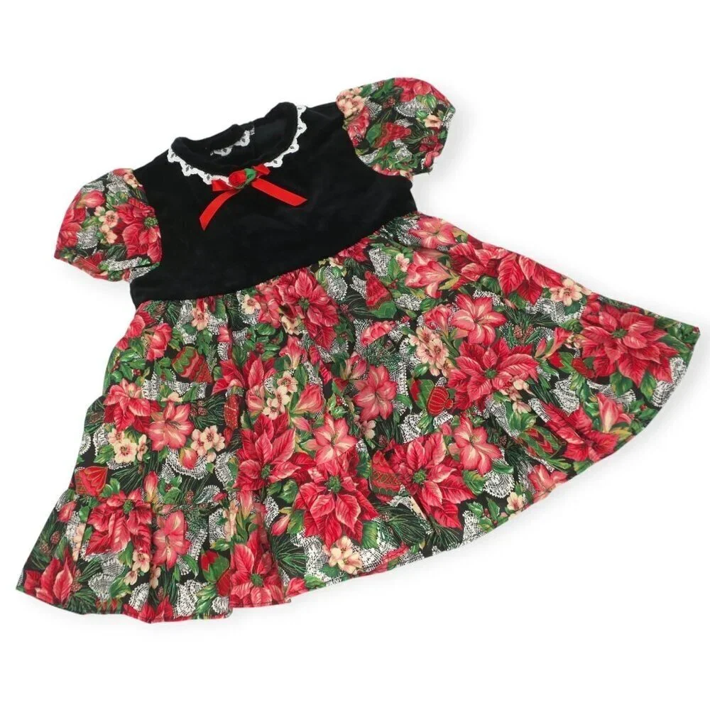 Vintage Becky Little Velvet Dress Girls 24 Mos Holiday Christmas Poinsettia